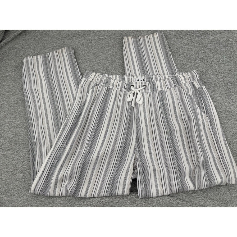Dāsh Linen Blend Cropped Pull-On Pants Women's Medium Black White Stripe